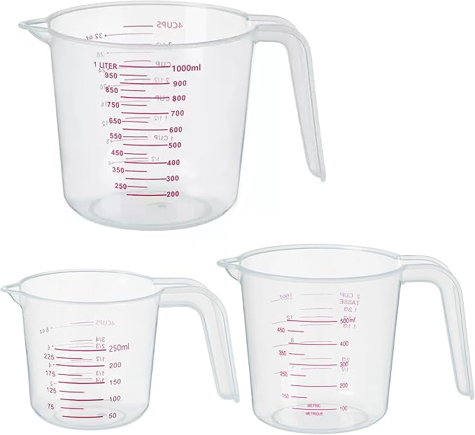 DTDNZKN 3 Pack Measuring Cups, 250ml (1-Cup), 500ml (2-Cup) &1000ml (4-Cup) | Plastic Liquid Measuring Cups - Clear Markings for Baking, Cooking, Mixing, Oil & Water Measurement - Essential Kitchen Tools