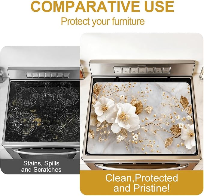 Marble Glass Stove Top Cover 28x20 Inch Decorative Stove Cover | Heat Resistant Cooktop Protector Mat with Non-Slip Backing, Scratch Protection and Countertop Drying Mat.
