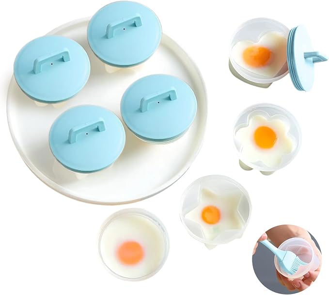 Egg Poacher Cups, 4 Pcs Poached Egg Cooker, BPA Free, Blue | 4 Shapes Reusable Egg Molds with Lid and Oil Brush Egg Coddler, Nonstick Egg Poaching Cups for Boiled Eggs Without Shell