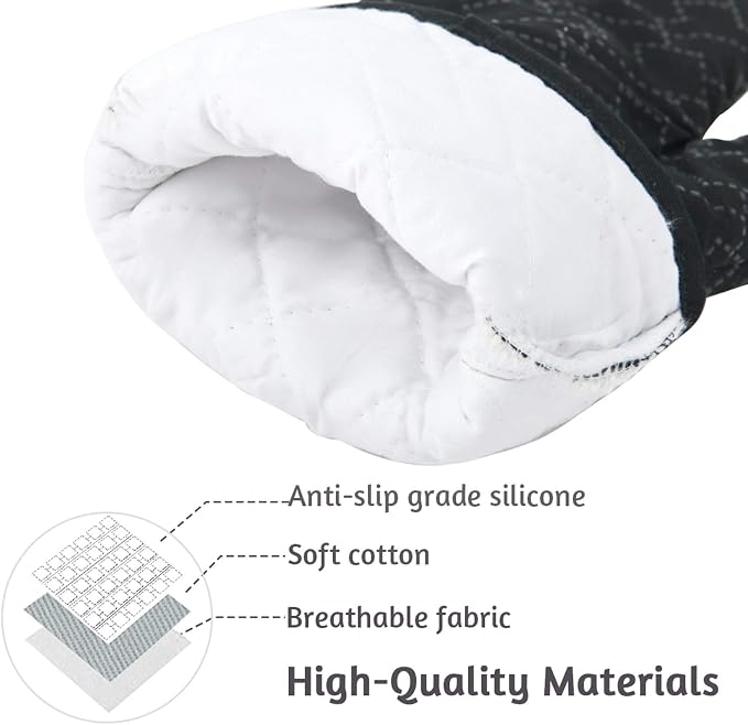 4Pcs Oven Mitts and Pot Holders Set, 572F Heat Resistant Oven Glove, Soft Cotton Lining with Non-Slip Surface for Kitchen Baking BBQ (Black)
