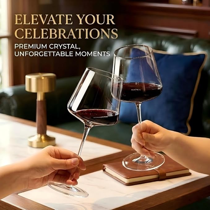 Physkoa 18OZ Red Wine Glasses Set of 4-LeadFree Crystal Wine Glass with Tall Long Stem【Hand Blown Italian Style】 Stemmed Square Wine Glasses Gifts for Home Party
