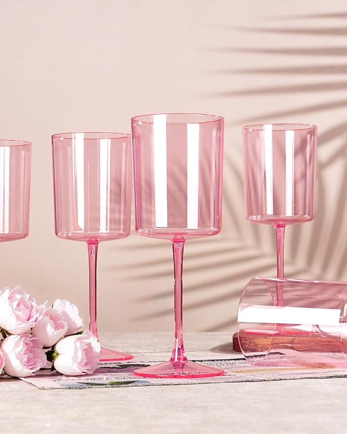 Ciaell 12 Pack Pink Plastic Wine Glasses for Weddings Outdoor Gatherings | 10 oz Pink Stemmed Cups, Heavy Duty Plastic, Wine Champagne Cocktails Mimosas for Parties Birthdays Bars