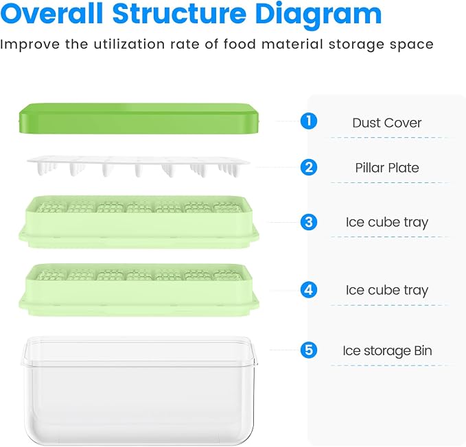 Ice Cube Tray with Lid and Bin, Easy Release 56 Cubes for Freezer | Food-grade BPA-free PP and ABS. Ice cubes for fruit, cocktails, iced coffee. Space-saving stackable with scoop