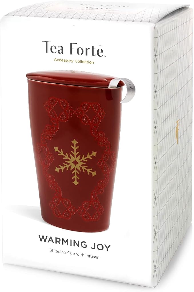 Tea Forte Double-Walled Ceramic Kati Cup, Warming Joy, 12 oz | Insulated Ceramic - Stainless Steel Loose Leaf Infuser - Keeps Tea Hot Longer - Lid Included - Great Teacher Gifts