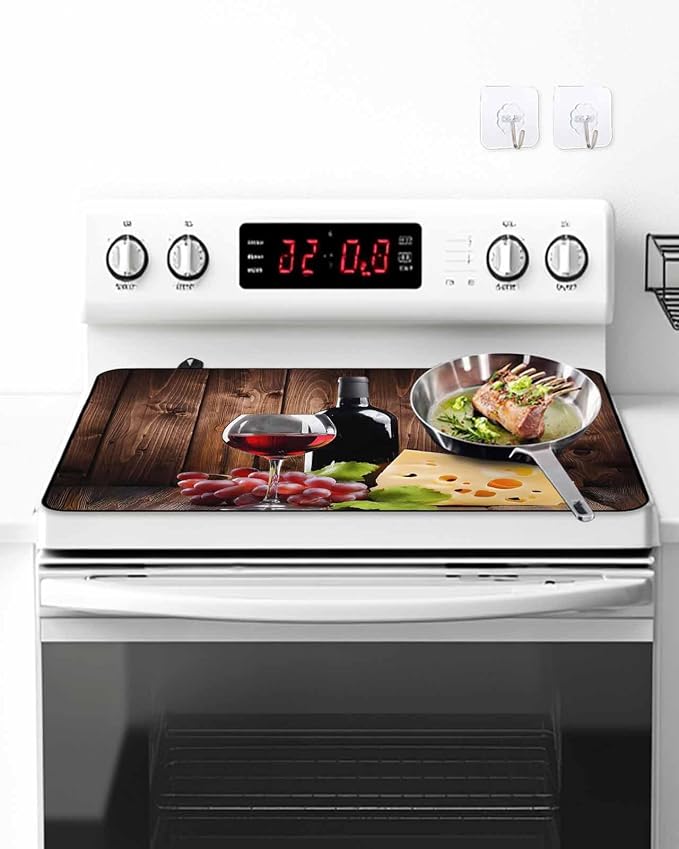 Stove Top Covers for Electric Stove 28.5x20.5 Inches,Red Wine Grapes HeatResistant Glass Cooktop Protector,Vintage Brown Wood Farmhouse Ceramic Stovetop Countertop Covers Mat, Oven Cover Kitchen Decor