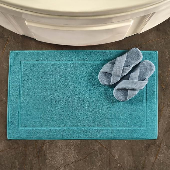 Hawmam Linen Teal Turquoise Bath Mats, 21 x 34 inches, Pack of 2-100% Ring Spun Cotton,[Not a Bathroom Rug] Banded Design, Highly Absorbent, Machine Washable for Bathroom Floor Towel
