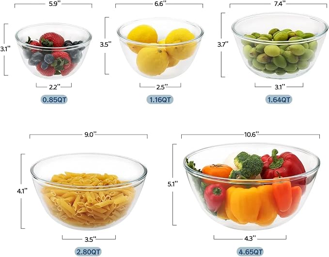 Cuiselect 5pc Glass Mixing Bowls with Lids Set (4.65QT, 2.80QT, 1.64QT, 1.16QT, 0.85QT), Nesting Salad Bowl, Glass Mixing Bowl for Cooking, Baking, Prepping-Dishwasher Microwave Freezer Safe(Green)