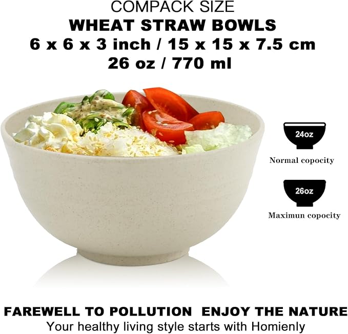 Unbreakable Cereal Bowls, Unbreakable Plastic Bowls Alternatives Set of 8, Wheat Straw Bowl for Kitchen,Camping, RV, Party, Microwave Safe Bowl Set for Cereal, Soup, Salad (Beige, 26 OZ)