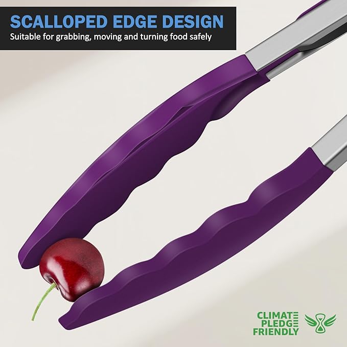 Kitchen Tongs, Stainless Steel Cooking Tongs with Silicone Tips, 600ºF High Heat-Resistant Non Scratch Locking Tongs for Cooking BBQ Grilling Air Fryer Pans, Set of 3 (7" 9" and 12") Purple
