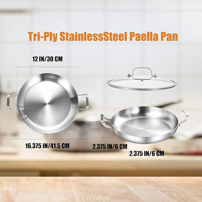 Inqibee 12 Inch Stainless Steel Paella Pan with Lid | Large Frying Pan with Double Riveted Handles, Wide Shallow Paella for Stovetop, Induction Compatible, Dishwasher & Oven Safe