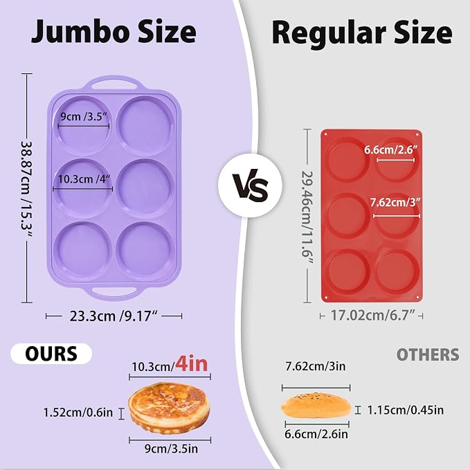 4 Inch Jumbo Silicone Muffin Top Pan with Frame Non Stick Egg Mold Baking | Silicone Egg Mold for Oven, Large Whoopie Pie Baking Pan with Handle for English Breakfast Sandwich Egg Bite Bun Tart Vnray