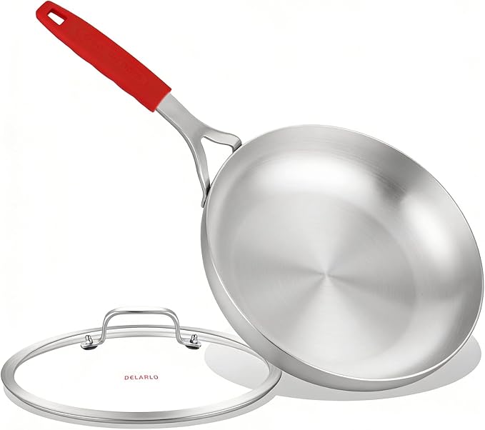DELARLO Tri-Ply Stainless Steel Frying Pan 8.3" With Lid kitchen skillet | Stainless Steel Pan Cooking Heat fast and evenly Compatible with All Cooktops Dishwasher and Oven Safe