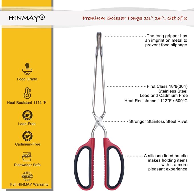 HINMAY 12" 16" Extra Long Stainless Steel Kitchen Scissor Tongs Set (Red) | Set of 2, Non-Slip Comfortable Red Grip, Scissor Design, Heat Resistant for Cooking Grilling and Serving