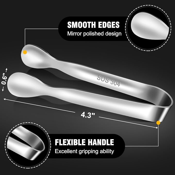 Eddeas Mini Tongs For Serving Food，Set fo 12 Small Tongs For Appetizers，Small Stainless Steel Metal Cooking Tong，for Tea Party Coffee Bar, 4 inch Sugar Tong - Silver
