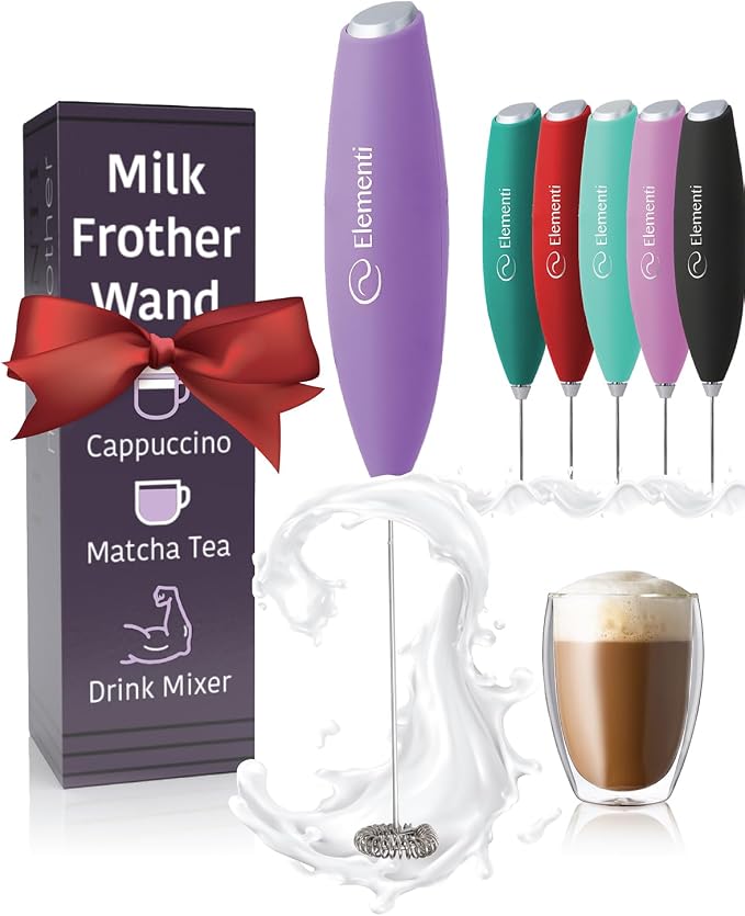 Elementi Drink Mixer Handheld - Electric Stirrer and Powerful Protein Powder Mixer Wand, Easy-to-Use Mini Frother Wand for Quick Delicious Cocktails, Milk Frother and Coffee Stirrers (Lavender)