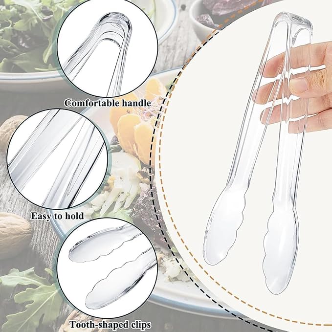 12 Pcs Clear Kitchen Tongs(12 Inch) | , Plastic Disposable for Serving Food, Ice, Salad, Barbecue, Cookies, BPA-Free