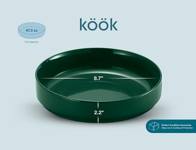 KooK Ceramic Large Pasta Bowls, Microwave and Dishwasher Safe, Great for Soups and Salads, Shallow Serving Bowls, Glossy Porcelain, 47 oz, Set of 4, Hunter Green