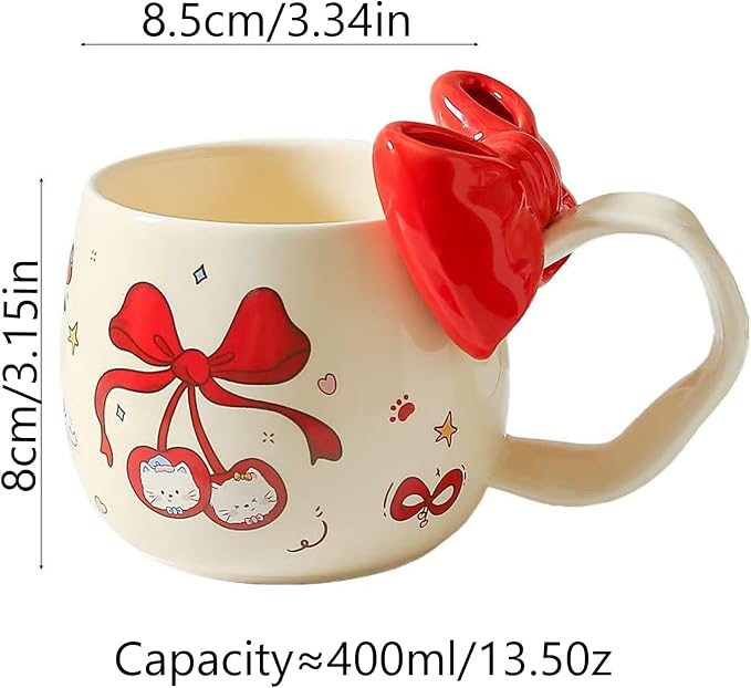 DTIUYIOP-Cute WhiteCat Ceramic Coffee Mug with 3D Bow & Bow Spoon | Kawaii Kitty Animal Tea Cup,13.5oz,Large Curved Handle Milk Cup, Lovely Gift for Girls Women Birthday Christmas