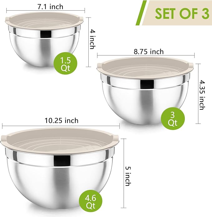 P&P CHEF Stainless Steel Mixing Bowls with Lids, Set of 3, Khaki | Nesting Salad Bowl, Sturdy& Rust Proof, Airtight & Stackable, Suit for Mixing, Storing, Prepping, 3 Size - 4.6/3 /1.5 QT