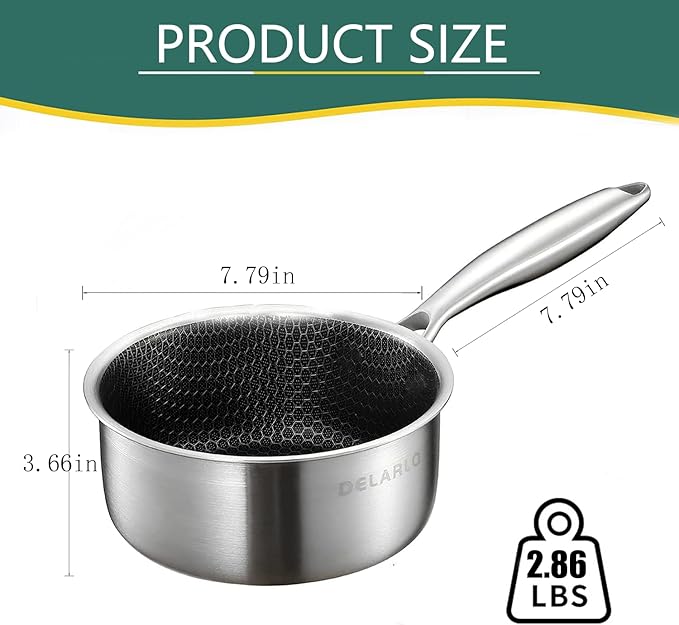 DELARLO Tri-Ply Stainless Steel Hybrid Non Stick Saucepan 2.5 Quart | Small Sauce Pot, Induction Cooking Saucier, Honeycomb Heavy Duty Sauce Pan Cookware, PFOA&PTFE Free
