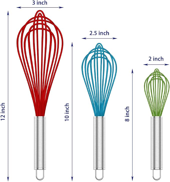 OYV Silicone Whisk Set of 3, 8/10/12 Inch, Non-Scratch, Red/Blue/Green | BPA-Free Silicone, Heat Resistant Up to 480°F, Stainless Steel Core, Dishwasher Safe, Nonstick-Safe