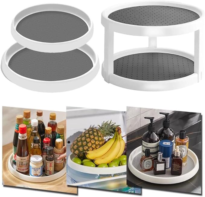 2 Tier Non Skid Spice Rack Turntable, 10 Inch Spinning Organizer, Non Skid Lazy Susan Turntable, 360° Rotating Seasoning Organizer for Kitchen, Pantry Cabinet, Refrigerator, Bathroom, Gray & White