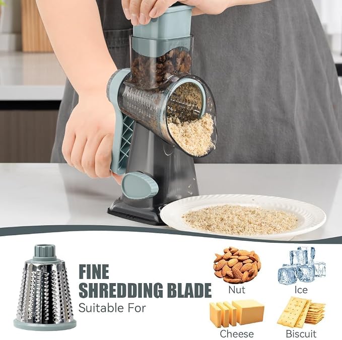 KEOUKE Rotary Cheese Grater Pro 6 in 1 - Shredder Crinkle Slicer Grinder Ice Shaver, Stable Suction, Time-saving Easy Use & Clean, Safe Morden Kitchen Tool for Cheese, Vegetable, Nuts, Chocolate