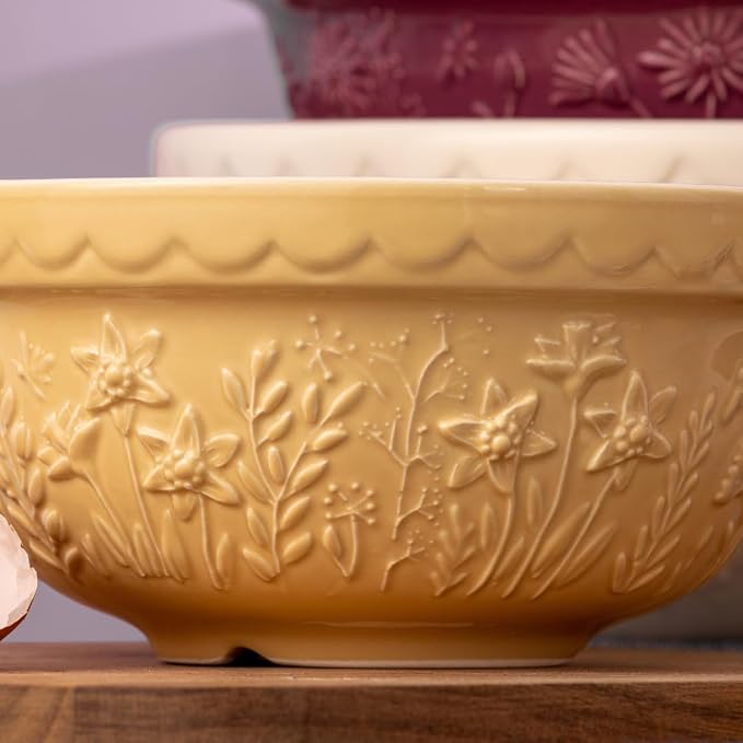 Mason Cash In the Meadow S30 Mixing Bowl, 1.15 Quart Mixing Bowl, Embossed Floral Daffodil Design, Durable Ceramic Bowl for Baking Bread Dough, Cake Batter, Cookies & Kitchen Serving Bowl