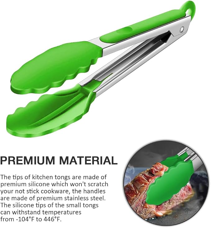 7 Inch Small Serving Tongs with Silicone Tips 3 Pack(Green) | Stainless Steel Handle, Non-Scratch, Heat Resistant