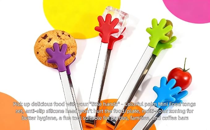 4PCS Silicone Mini Tongs, 5 Inch Colourful Small Hand Shape Metal Food Tongs, Kitchen Tool for Serving Food, Ice Cube, Fruits, Sugar, Barbecue, Desserts，Great for Party, Buffet