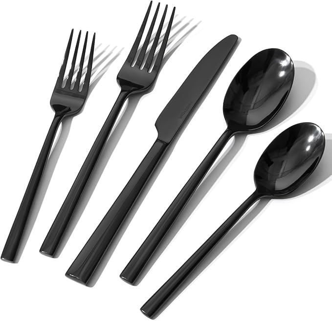 Black Silverware Set, 20-Piece Forged Flatware Set Cutlery Set Premium Stainless Steel, Service for 4, for Kitchen, Home, Wedding, Party, Mirror Polished and Dishwasher Safe