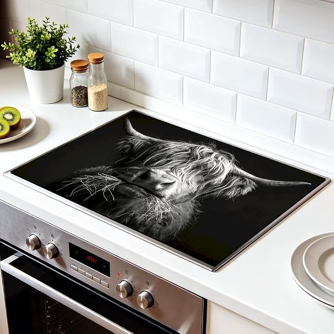 Highland Cow Stove Top Cover, Black and White Farmhouse Style, 28x20 Inch | Highland Cow Face Graphic on Black, Non-Slip Washable Cooktop Protector Mat for Glass & Electric Stoves