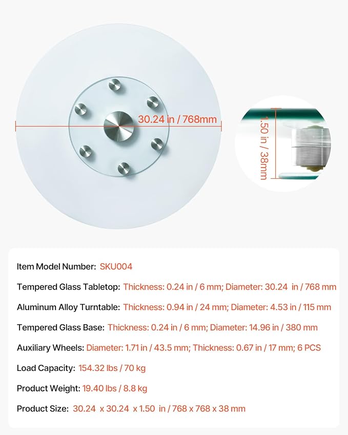 VEVOR 30 in Glass Lazy Susan Turntable, Tempered Glass Dining Table Centerpiece with 6 Rotating Wheels, 360° Smooth and Silent Spin Tabletop Rotating Tray, for Family Gatherings, Banquets & Weddings