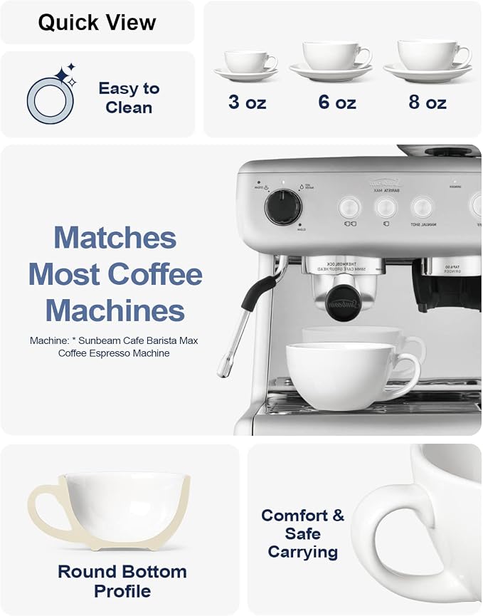 LE TAUCI 6 oz Cappuccino Cups with Saucers, Set of 4 Ceramic Coffee Cup and Saucer Set for Latte, Au Lait, Flat White, Mocha, Tea, Embossed Coffee Cups, White