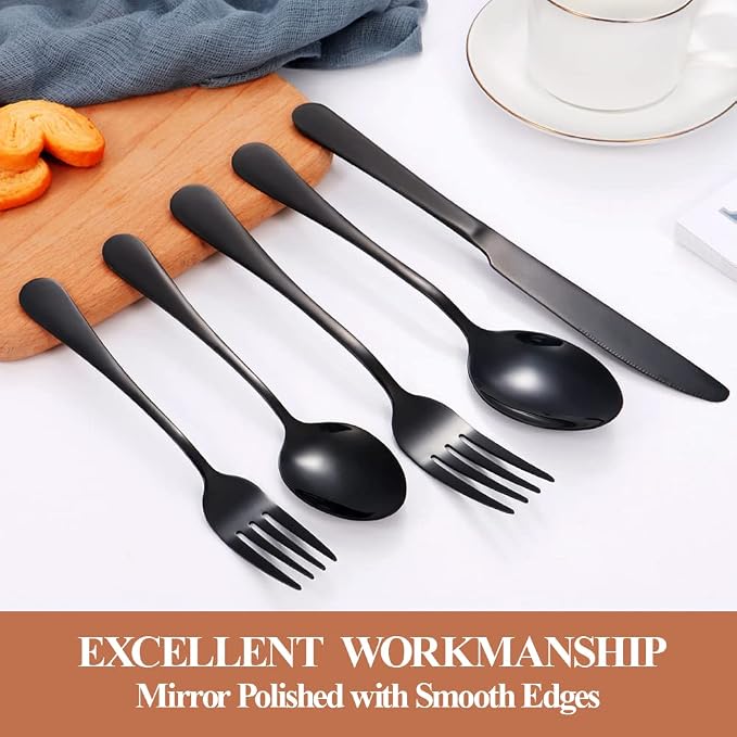 Silverware Set,50-Piece Stainless Steel Flatware Set for 10 | Food-Grade Stainless Steel Cutlery Set,Dishwasher Safe,Mirror Finished Utensil Sets for Home Restaurant,Round Edge,Black