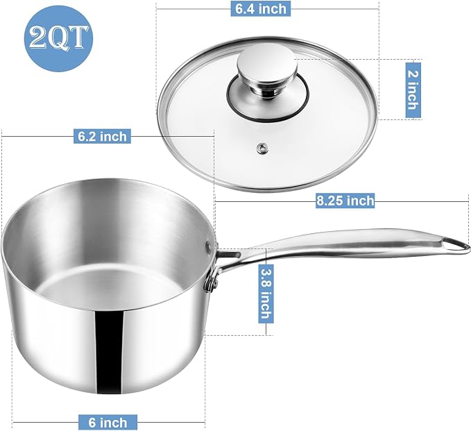 TeamFar 2qt Saucepan with Lid, Stainless Steel Tri-Ply Sauce Milk Pan | Small Cooking Pot with Ergonomic Handle, for Induction/ Gas/ Electric/ Ceramic, Healthy & Dishwasher Safe