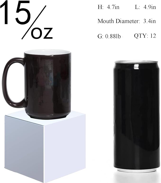 ABBSH Color Changing Mugs, Sublimation Mugs Black Color Changing Coffee Mugs Heat Sensitive Coffee Mugs Tazas Magicas Para Sublimacion 15 OZ With Box Set of 12