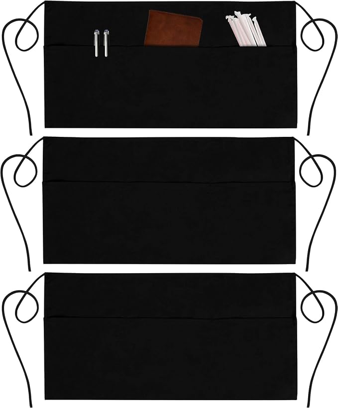 3 Pack Server Aprons with 3 Pockets - Waist Apron, Waitress Apron for Women and Man, Water Resistant with Long Waist Strap Reinforced Seams, Half Apron (Black)