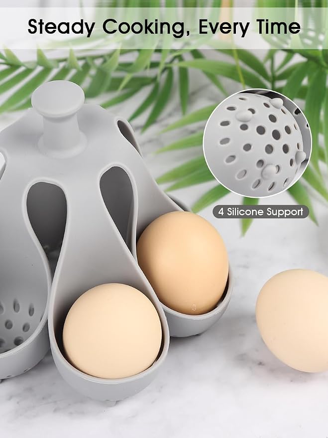 6 Egg Silicone Boiler Rack, Food-Grade Egg Cooker for Hard Soft Boiled Eggs, with Handle Poached Egg Mold, Dishwasher Safe BPA-Free Kitchen Gadgets (Gray)