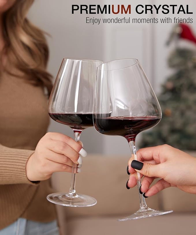 OJA Wine Glasses Set, Crystal Hand Blown Red Wine Glass Set of 2, 23 oz | Long Stem, Unique Large Design, Best for Wine tasting, Birthday, Christmas, Anniversary