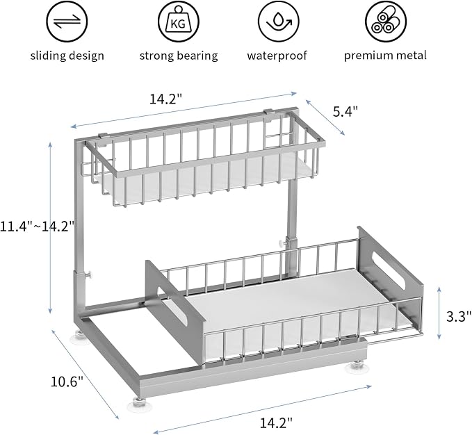 L-Shaped Under Sink Organizer, 2-Tier Pull-out Cabinet Rack 1-Pack | Grey Height-Adjustable Steel Rack, Sliding Grid Drawers with PP Liners, Holds 100 Lbs, Suction Base, Ideal Kitchen Storage