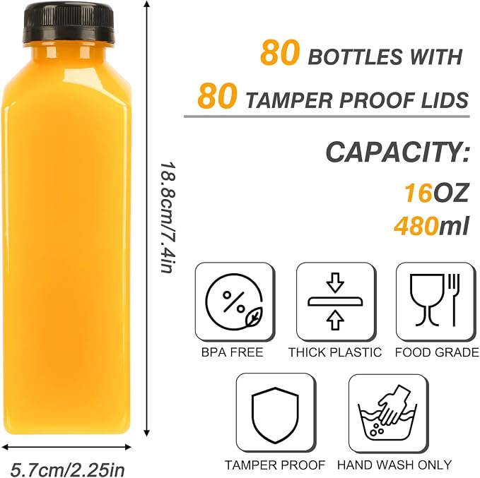 80pcs 16oz Plastic Juice Bottles with Caps, Sticker Labels, Brush | Reusable Empty Juice Bottles with Lids and Labels, Funnel, Brush Beverage Containers for Juicing, Smoothies, Tea, Milk
