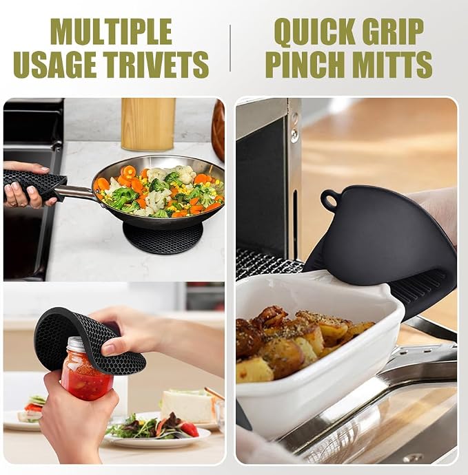 RORECAY Silicone Oven Mitts and Pot Holders Sets, Gloves for Kitchen, Black | Set of 6 Kitchen Mitts for Baking & Cooking, Heat Resistant 500 ℉, 15" Extra Long, Non-Slip & Waterproof, Quilted Cotton