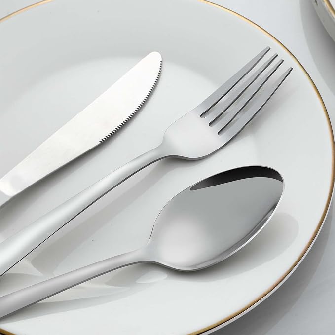 24 Pcs Forks and Spoons Silverware Set, Food Grade Stainless Steel Flatware Cutlery Set for Home, Kitchen and Restaurant, 12 Dinner Forks and Dinner Spoons, Mirror Polished & Dishwasher Safe