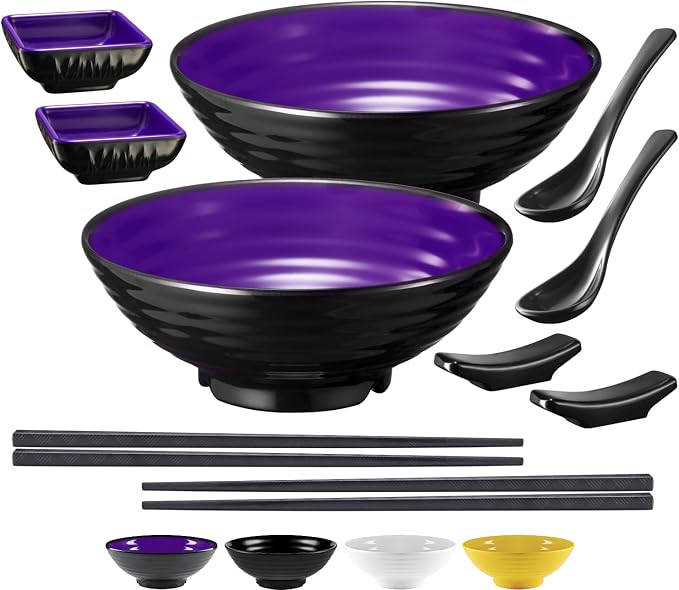 Unbreakable Ramen Bowl Set with Chopsticks and Spoon: 2 large Japanese Style Melamine Ramen Bowls (2 Bowl Set, Purple-Black)