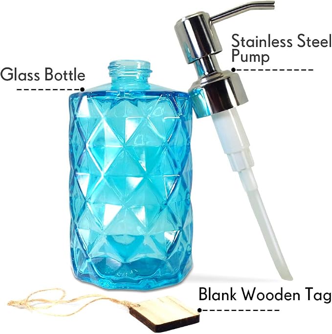 JASAI 12 Oz Diamond Design Soap Dispenser with Rust Proof Soap Pump | Kitchen Soap Dispenser for Bathroom, Hand Soap, Dish Soap (Clear Blue).