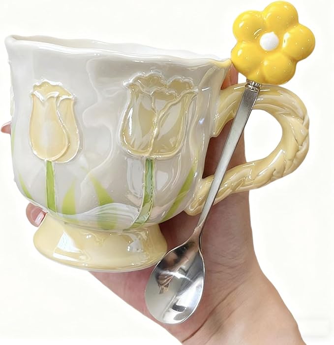 DTIUYIOP-Ceramic Coffee Mug 14oz/410ml Yellow Cute Flower with Spoon | novelty coffee mug, Tulip Shaped Floral,Girly Mug with Handle, Breakfast Milk Oatmeal Cup, cute mugs for women
