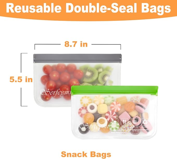 Serfeymi 10 Pack Reusable Freezer Snack Bags Dishwasher Safe, Extra Thick Reusable Plastic Bags BPA Free, Leak Proof Reusable Food Storage Bags for Home Organization, Marinate Meat, Cereal Travel