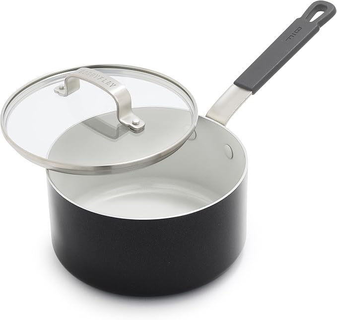 GreenPan x Bobby Flay 2.5QT Ceramic Nonstick Saucepan with Lid, Graphite | PFAS-Free Diamond Ceramic Nonstick Chef Pan, Silicone Handle, Induction & All Stovetop Compatible, Dishwasher and Oven Safe