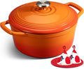 Overmont Enameled Cast Iron Dutch Oven - 5.5QT Pot with Lid Cookbook & Cotton Potholders - Heavy-Duty Cookware for Braising, Stews, Roasting, Sourdough Baking Orange